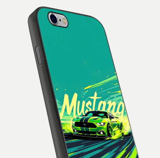 Mustang Bang Glass Case for iPhone 16 Pro close-up angled shot showing car emblem and HD reflection