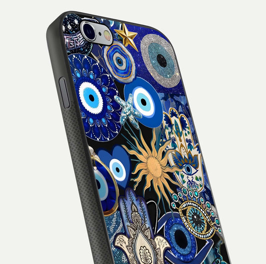 Mystic Blue Evil Eye Glass Case for iPhone 16 Pro close-up angled shot highlighting mystical glow and HD reflection