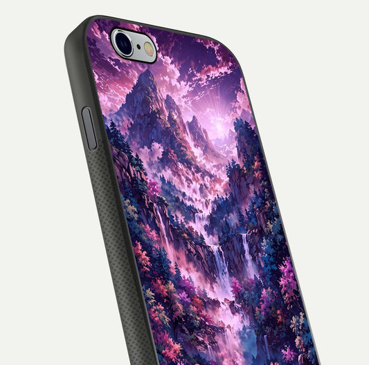 Mystic Cascade Peaks Glass Case for iPhone 16 Pro close-up angled shot showing peak reflections and color gradient