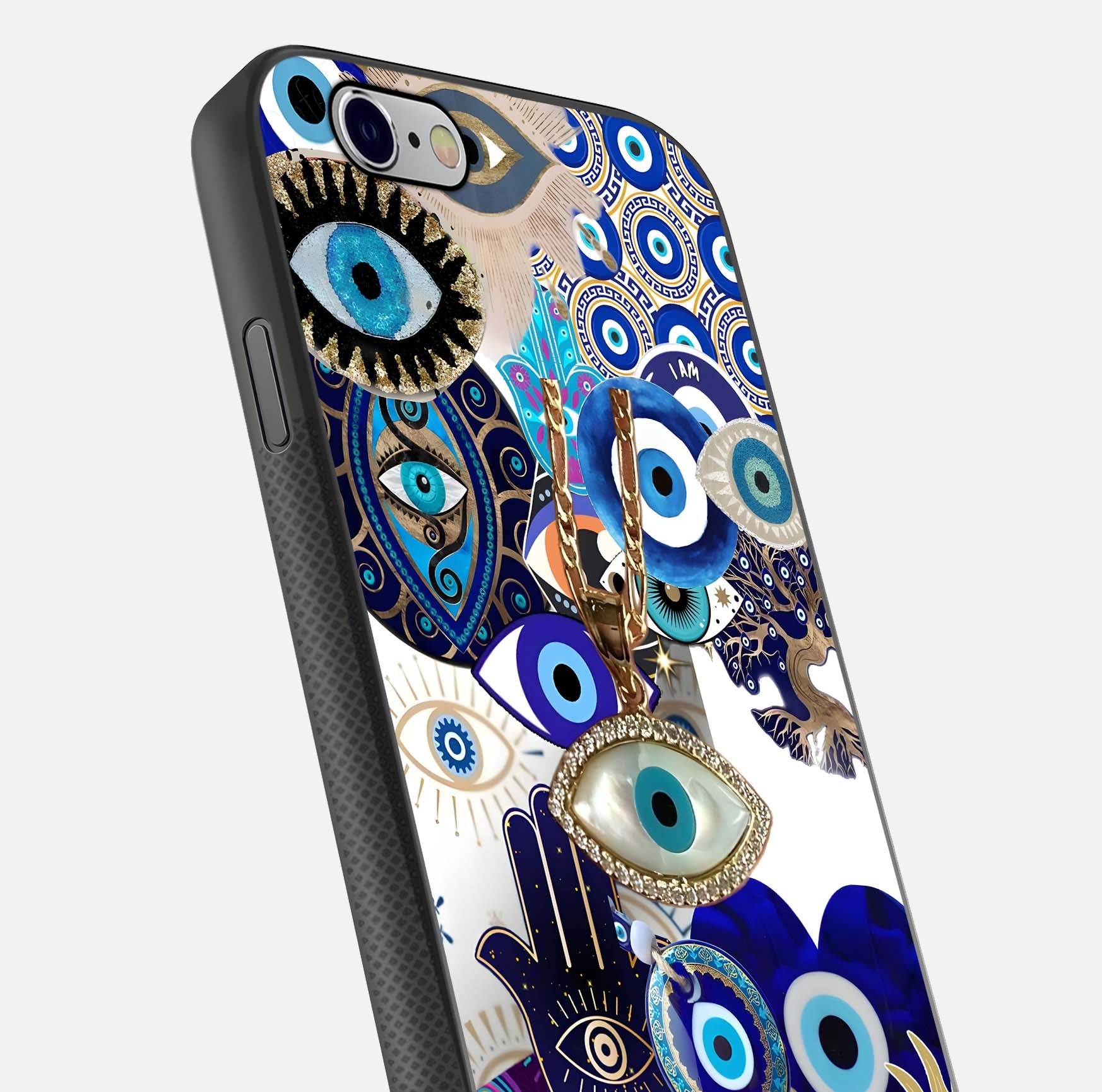 Mystic Charm Eye Glass Case for iPhone 16 Pro close-up angled shot showing detailed eye art and reflection