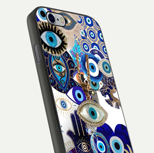 Mystic Charm Eye Glass Case for iPhone 16 Pro close-up angled shot showing detailed eye art and reflection