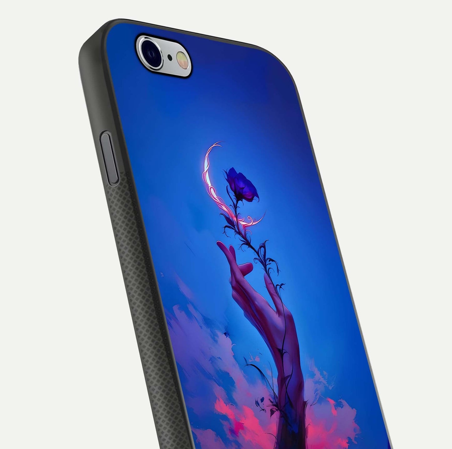 Mystic Hand Glass Case for iPhone 16 Pro close-up angled shot showing spiritual markings and reflection