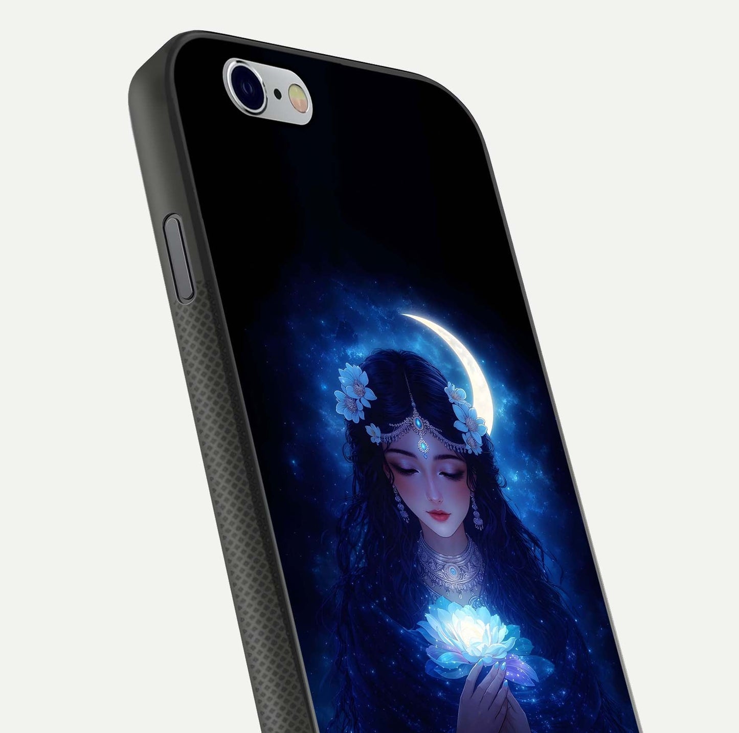 Mystic Moon Queen Glass Case for iPhone 16 Pro close-up angled shot showing shine and lunar tones