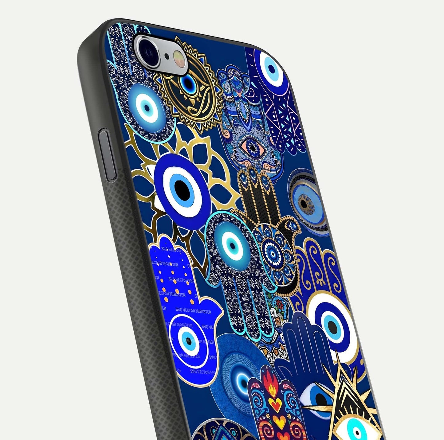 Mystic Palm Guard Glass Case for iPhone 16 Pro close-up angled shot showing eye symbol and fine texture