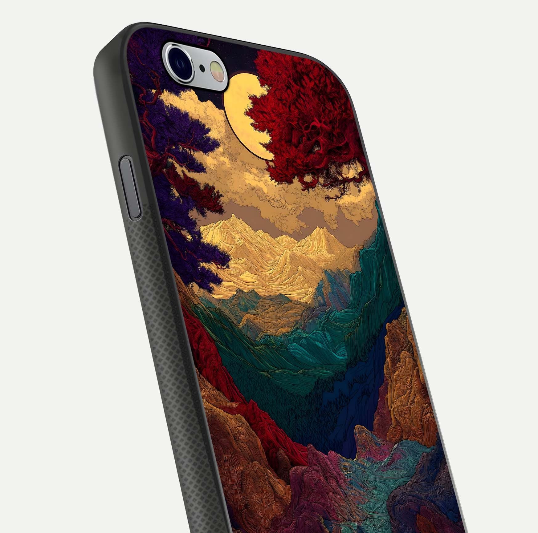 Mystic Valley Light Glass Case for iPhone 16 Pro close-up angled shot highlighting gradient sky and reflection