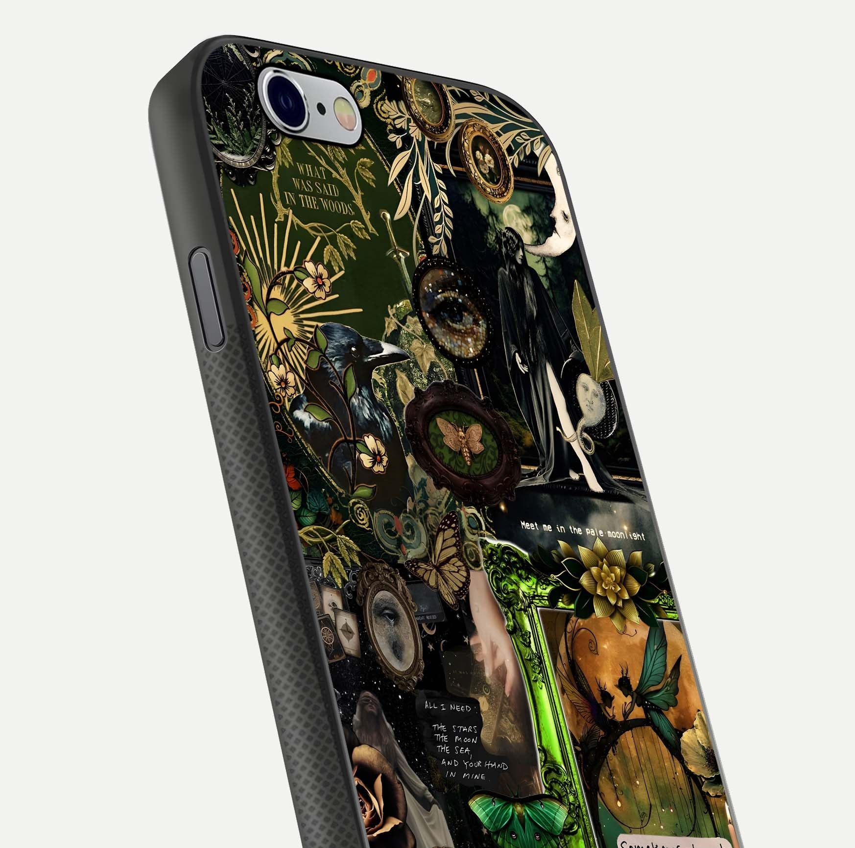 Mystic Woods Secret Glass Case for iPhone 16 Pro close-up angled shot highlighting tree texture and reflection