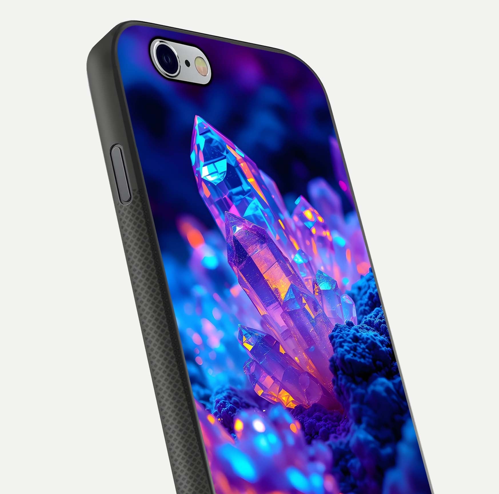 Neon Aura Shards Glass Case for iPhone 16 Pro close-up angled shot highlighting fragment pattern and reflection