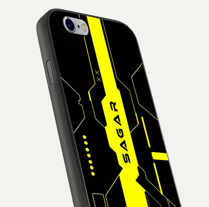 Neon CYBERPUNK Custom Name Glass Case for iPhone 16 Pro close-up angled shot highlighting electric colors and reflection
