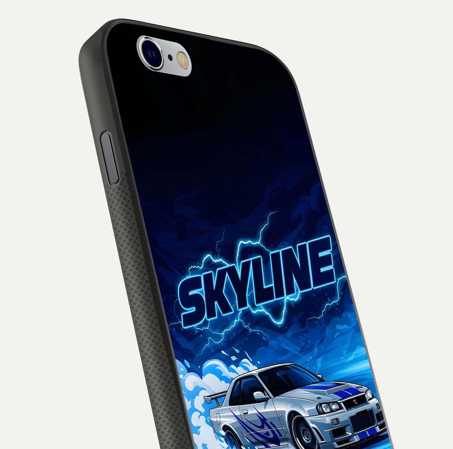 Neon Drift Beast Glass Case for iPhone 16 Pro close-up angled shot highlighting glowing streaks and vivid reflection