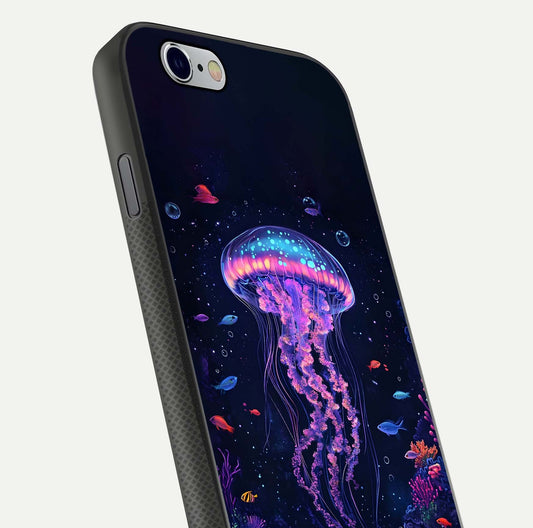 Neon Jellyfish Glass Case for iPhone 16 Pro close-up angled shot showing translucent jellyfish and shine reflection
