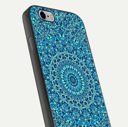 Ocean Bloom Mandala Glass Case for iPhone 16 Pro close-up angled shot highlighting detailed mandala and reflection