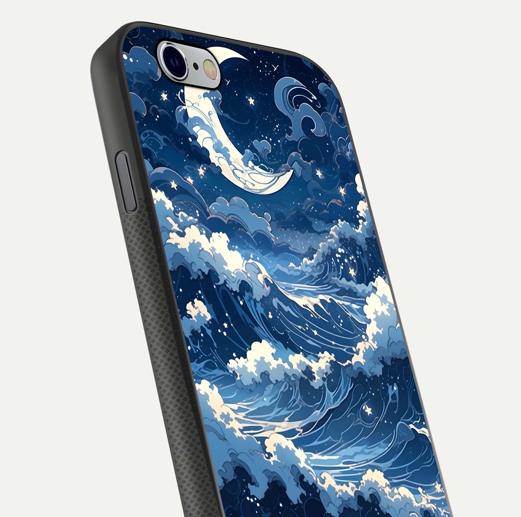 Ocean Moon Waves Glass Case for iPhone 16 Pro close-up angled shot showing HD reflection and calm tones