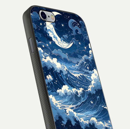 Ocean Moon Waves Glass Case for iPhone 16 Pro close-up angled shot showing HD reflection and calm tones