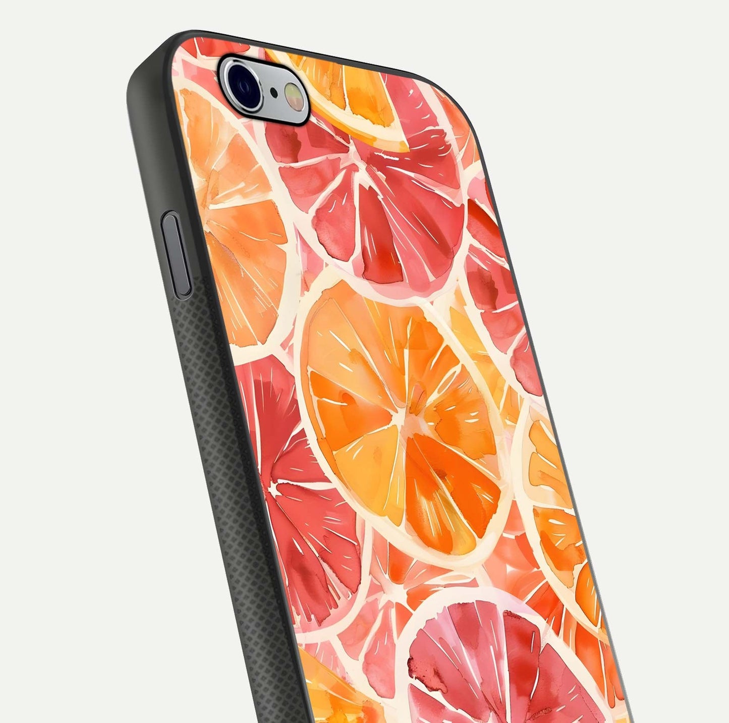 Orange Fruits Pattern Glass Case for iPhone 16 Pro close-up angled shot showing juicy fruit texture and reflection