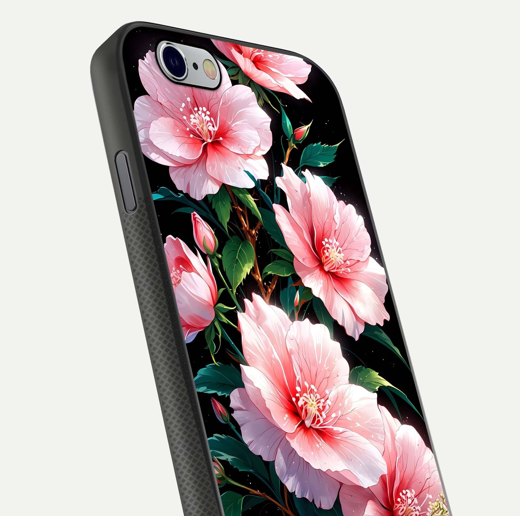 Peach Flower Glass Case for iPhone 16 Pro close-up angled shot highlighting floral petals and HD glass reflection