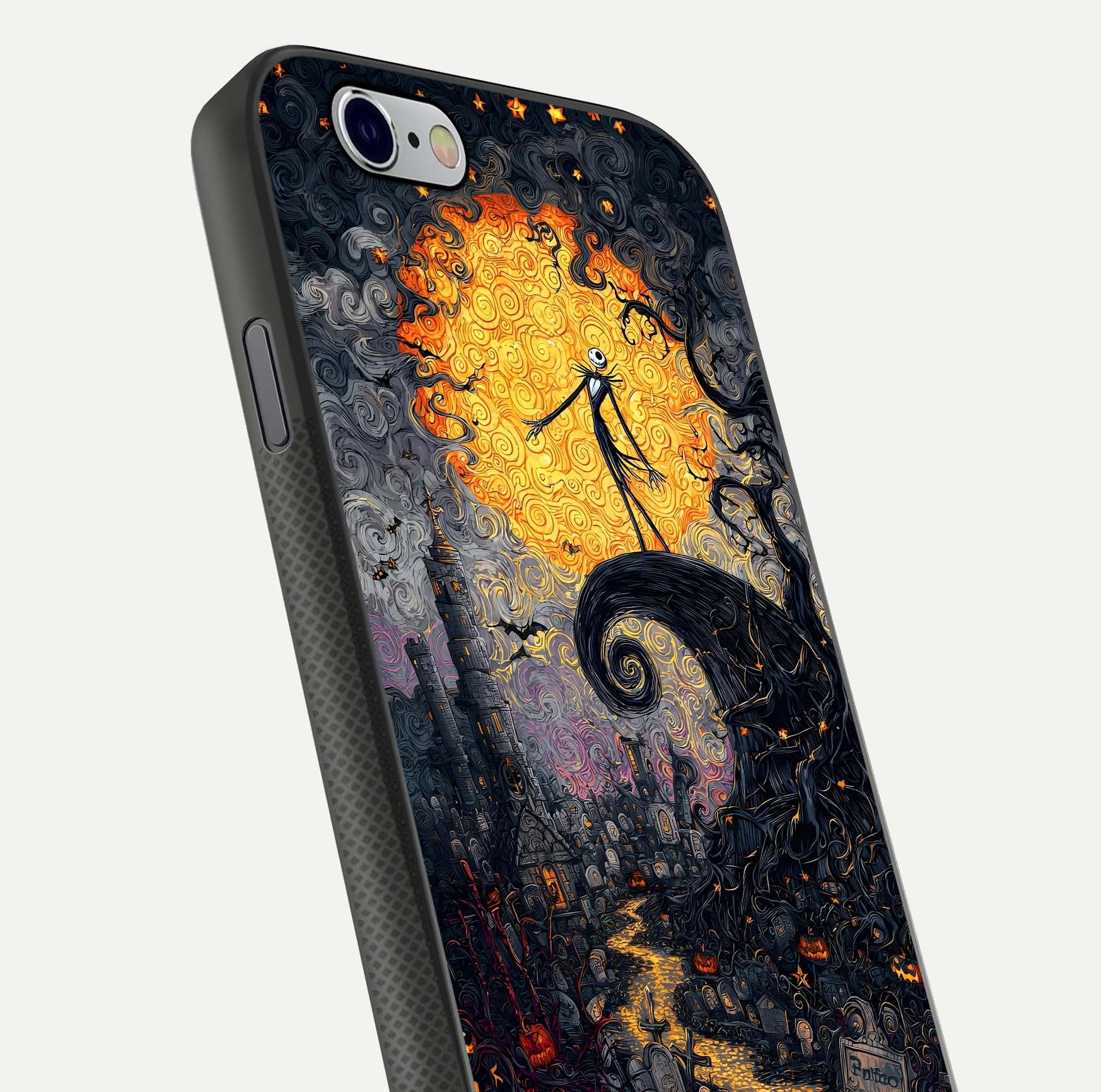Pumpkin Moon Night Glass Case for iPhone 16 Pro close-up angled shot showing moon reflection and Halloween glow