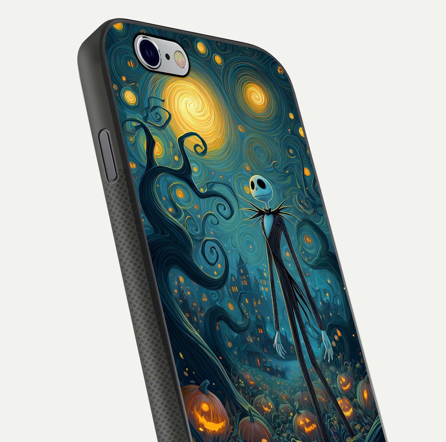 Pumpkin Moonlight Tale Glass Case for iPhone 16 Pro close-up angled shot highlighting reflection and vibrant glow