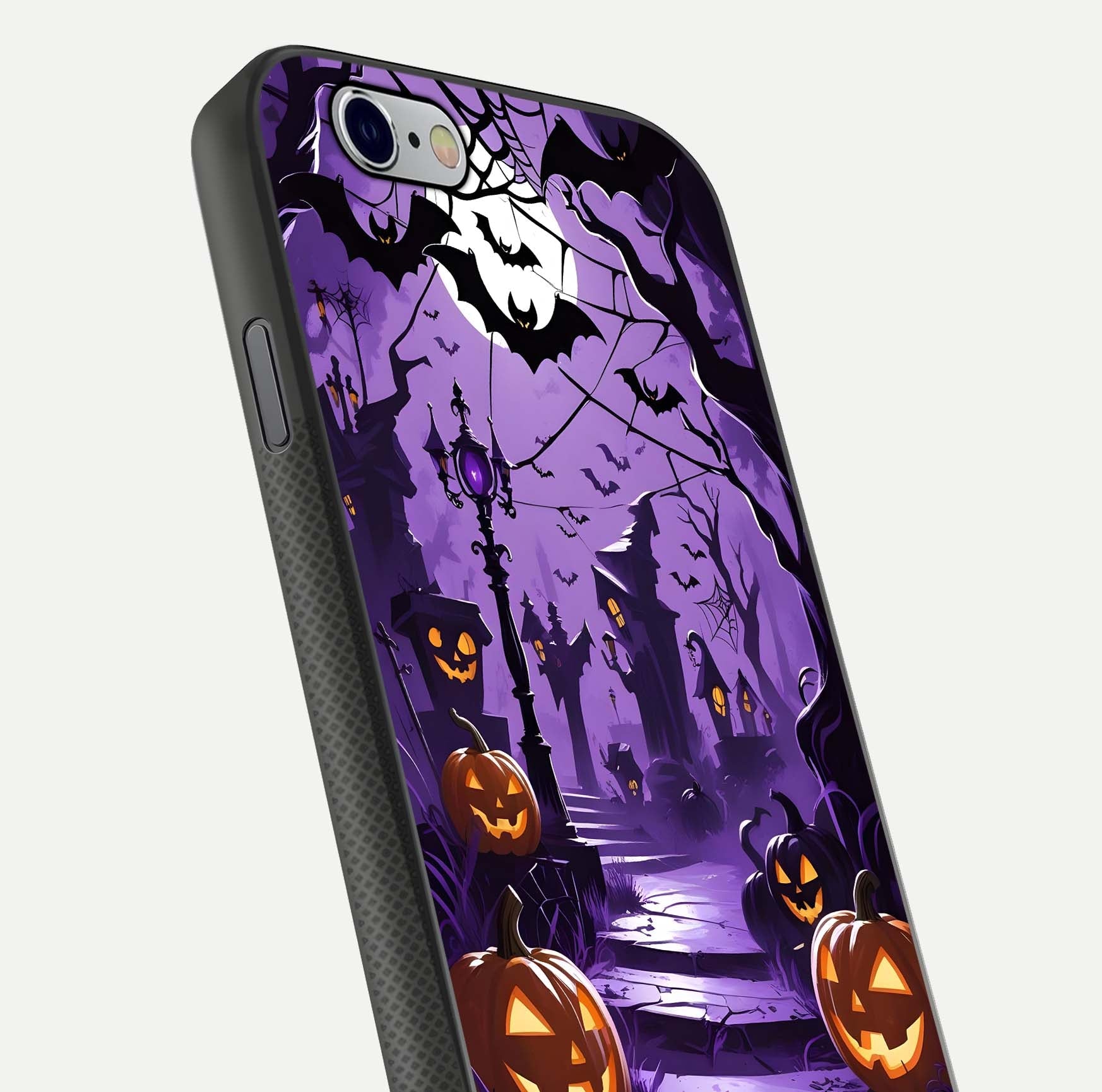 Pumpkin Patch Halloween Glass Case for iPhone 16 Pro close-up angled shot highlighting pumpkin texture and shine