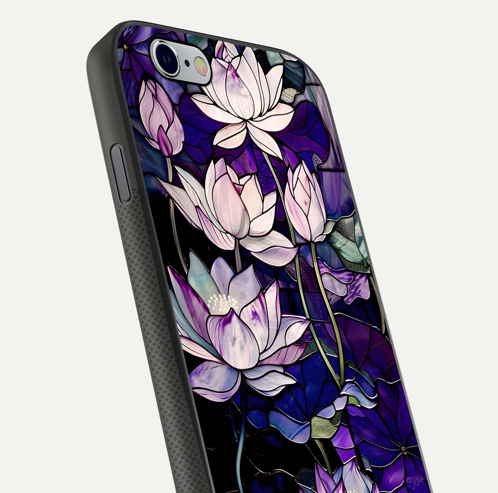 Purple Lotus Pattern Glass Case for iPhone 16 Pro close-up angled shot showing petal texture and HD reflection