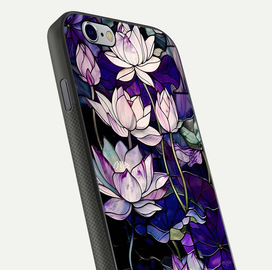 Purple Lotus Pattern Glass Case for iPhone 16 Pro close-up angled shot showing petal texture and HD reflection