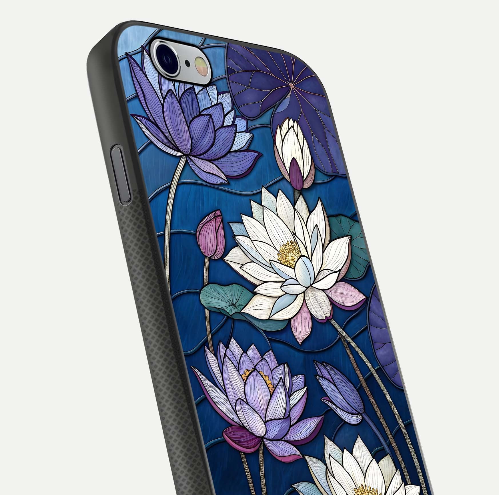 Purple Lotus Stained Glass Case for iPhone 16 Pro close-up angled shot highlighting glass pattern and reflection