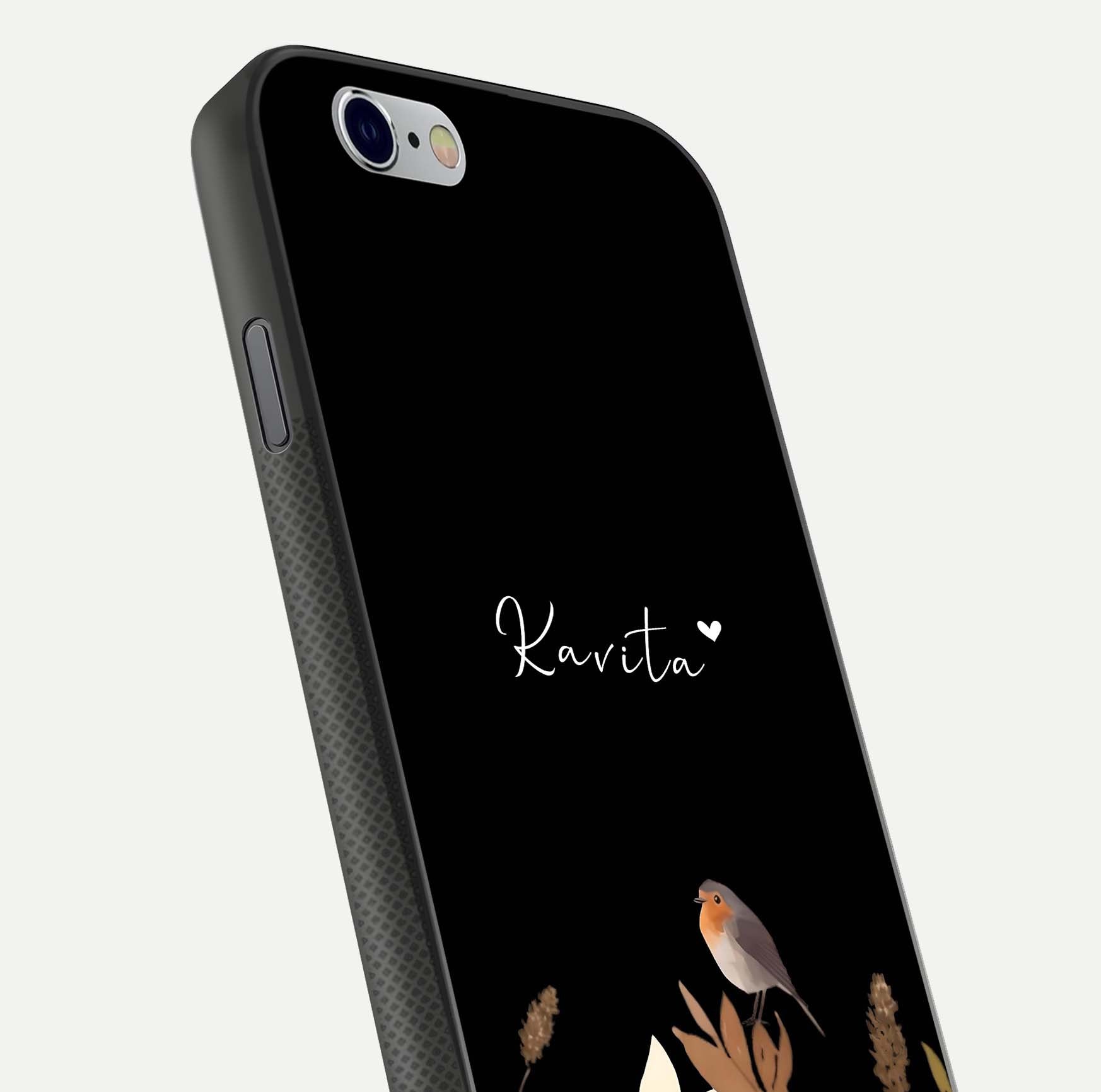 Quiet Garden Tune Custom Name Glass Case for iPhone 16 Pro close-up angled shot showing soft tones and gloss reflection