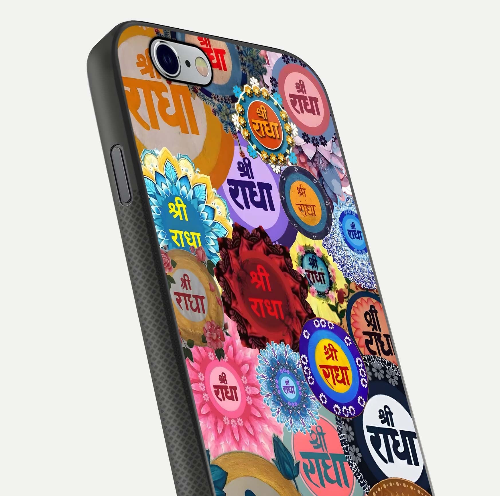 Radha Divine Bloom Glass Case for iPhone 16 Pro close-up angled shot highlighting divine detailing and shine