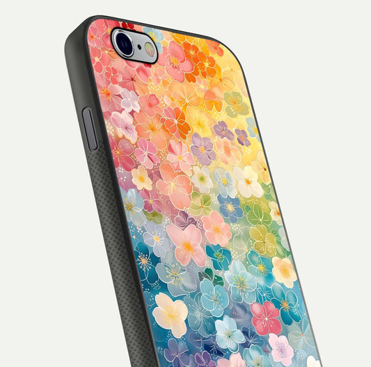 Rainbow Blossom Burst Glass Case for iPhone 16 Pro close-up angled shot showing petal colors and reflection