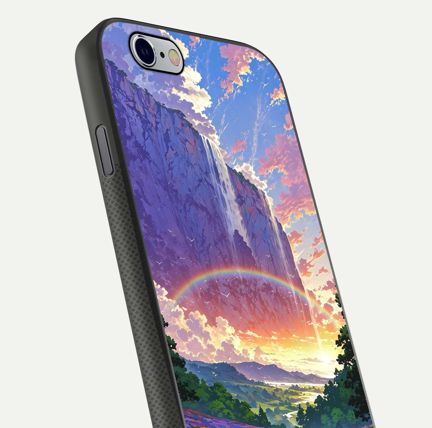 Rainbow Valley Dream Glass Case for iPhone 16 Pro close-up angled shot highlighting gradient tones and HD shine