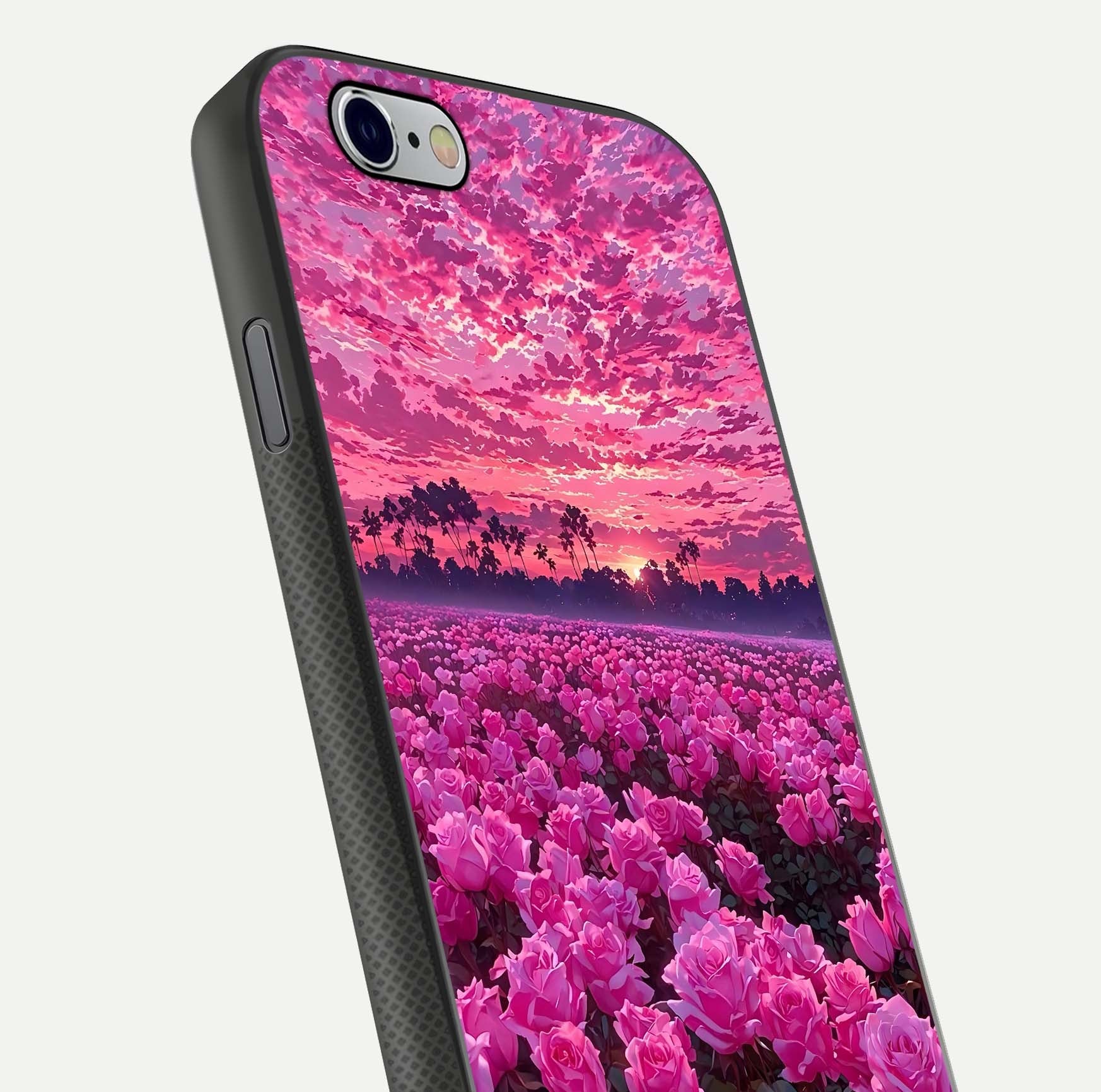 Rose Sunset Valley Glass Case for iPhone 16 Pro close-up angled shot showing rose detailing and golden hues