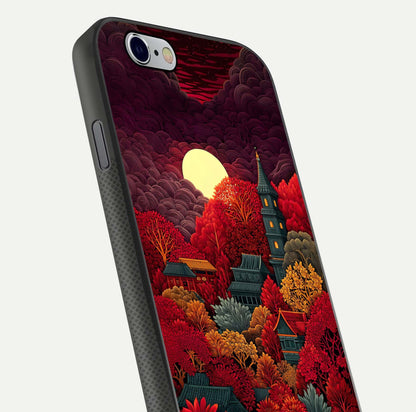 Scarlet Autumn Temple Glass Case for iPhone 16 Pro close-up angled shot highlighting golden leaves and reflection