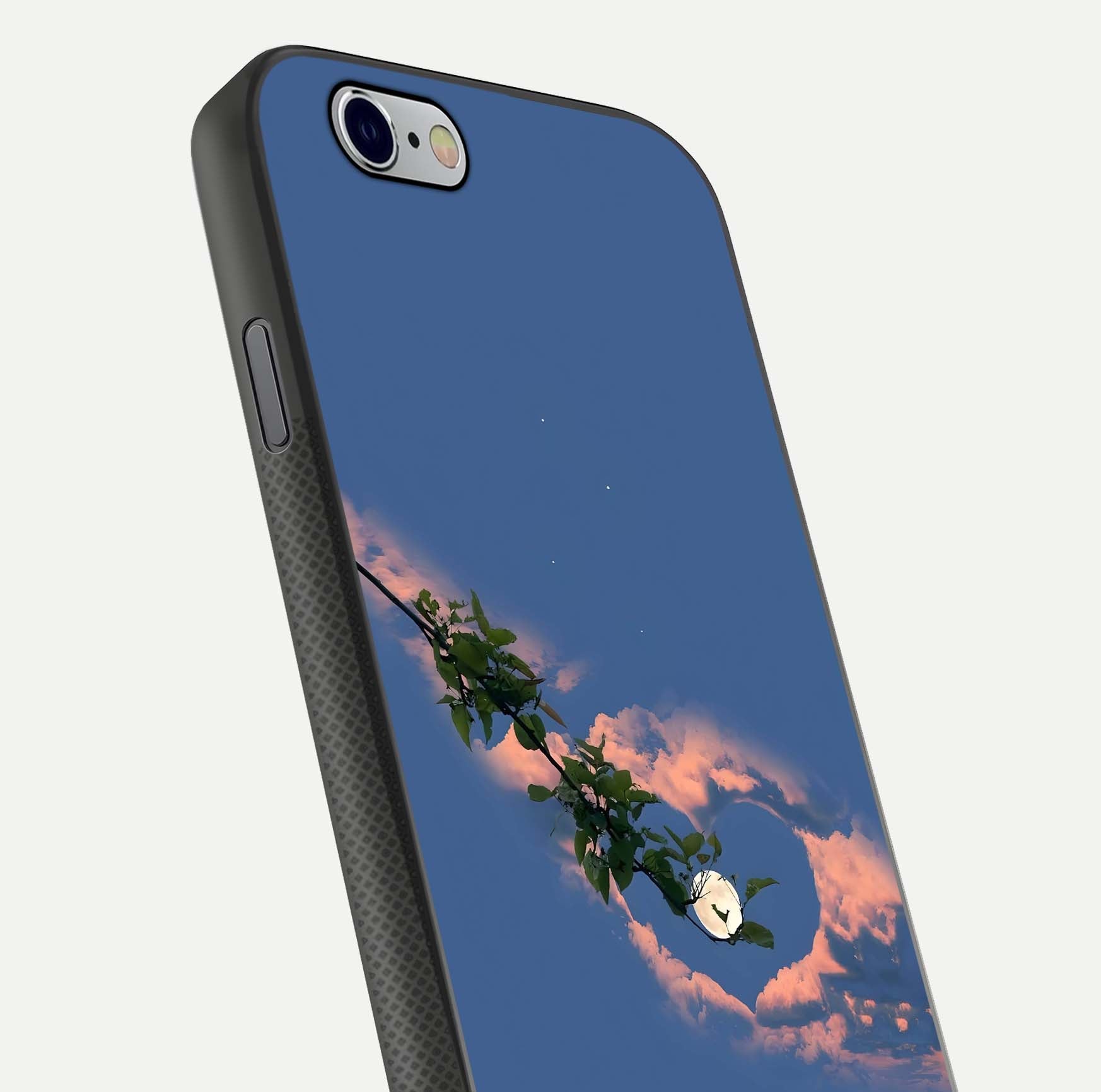 Sky Under Tree Glass Case for iPhone 16 Pro close-up angled shot highlighting detail, color, and reflection