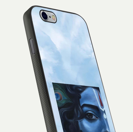 Spiritual Krishna Glass Case for iPhone 16 Pro close-up angled shot showing HD print, color tone, and reflection
