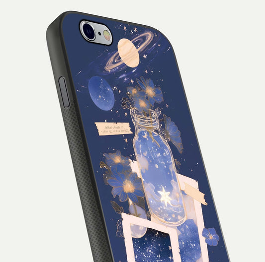 Starlit Cosmic Jar Glass Case for iPhone 16 Pro close-up angled shot highlighting stars, reflections, and HD shine