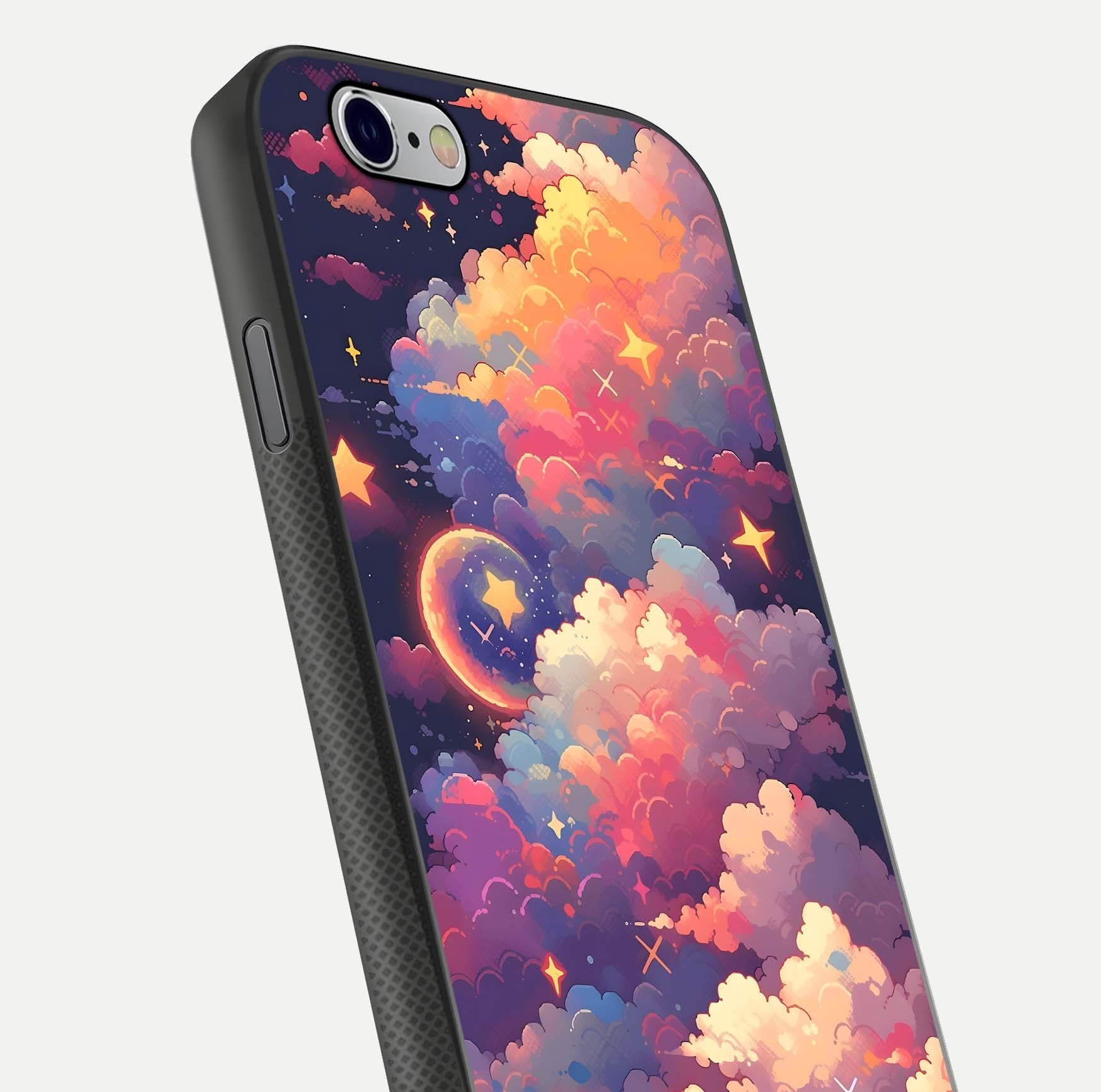 Starlit Dream Clouds Glass Case for iPhone 16 Pro close-up angled shot highlighting cloud texture and reflection