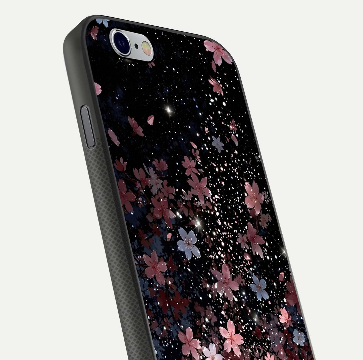 Starlit Flower Dreams Glass Case for iPhone 16 Pro close-up angled shot highlighting petal reflection and HD depth