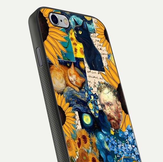 Sunflower Cat Art Glass Case for iPhone 16 Pro close-up angled shot highlighting yellow tones and art reflection