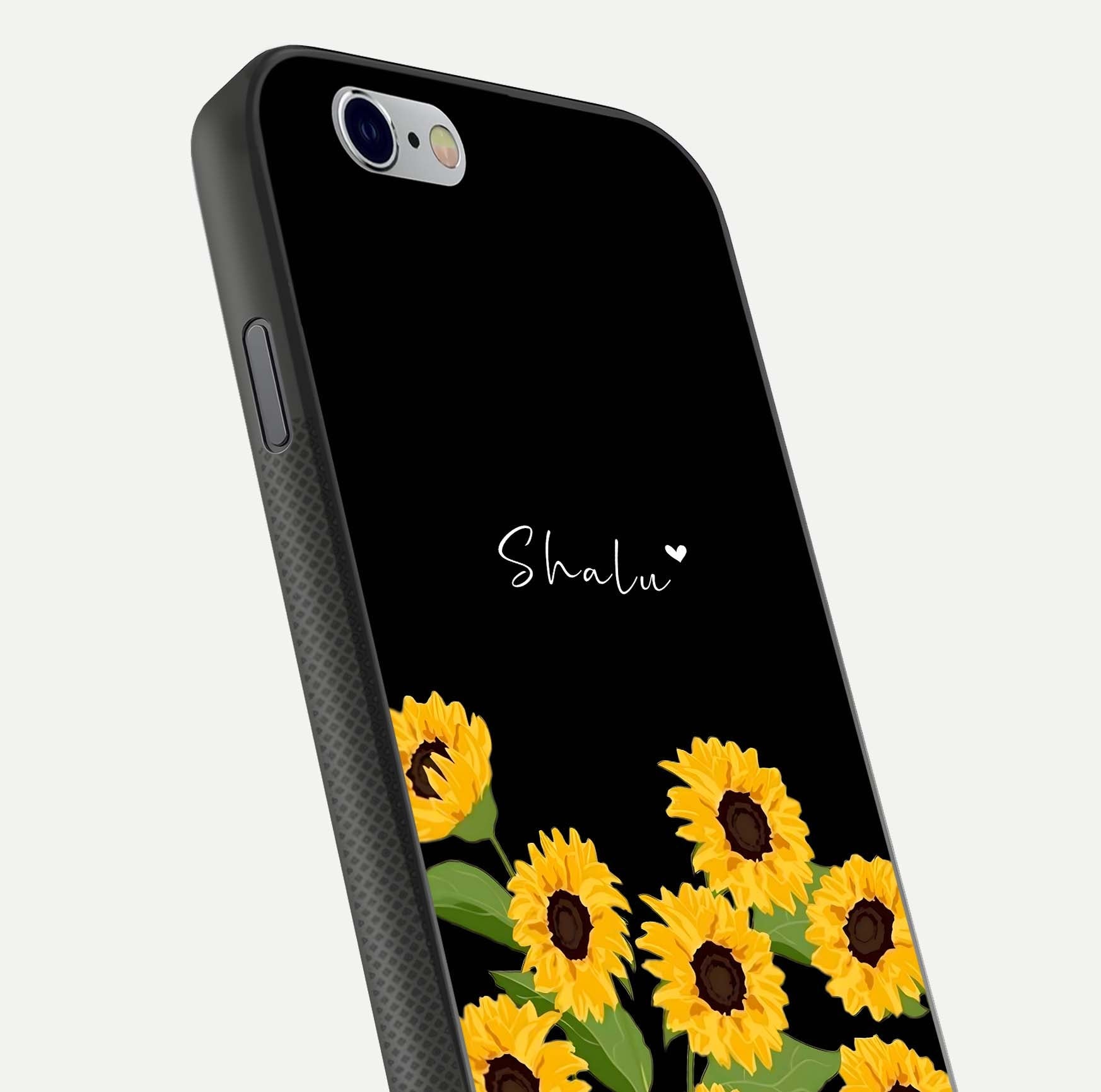 Sunflower Chic Mood Custom Name Glass Case for iPhone 16 Pro close-up angled shot showing HD sunflower pattern