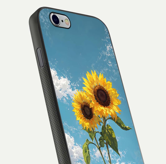 Sunflower Sky Bloom Glass Case for iPhone 16 Pro close-up angled shot highlighting petal details and reflection