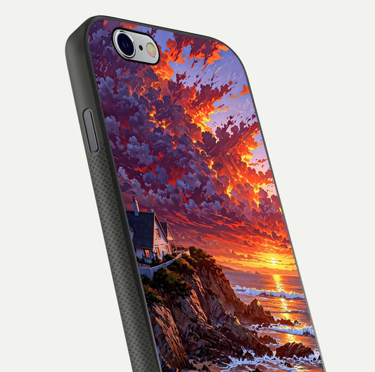 Sunset House by Sea Glass Case for iPhone 16 Pro close-up angled shot highlighting sunset tones and water glow