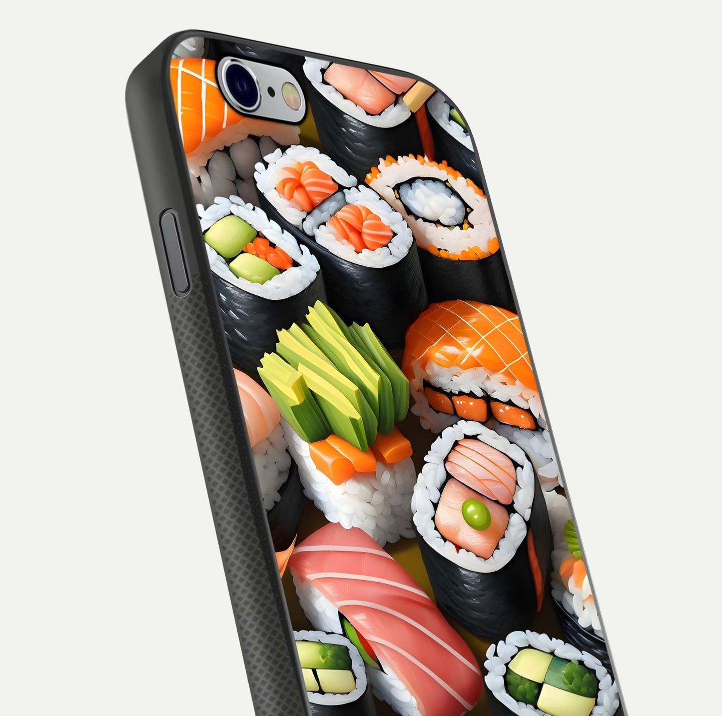 Sushi Food Pattern Glass Case for iPhone 16 Pro close-up angled shot highlighting colorful sushi prints and reflection