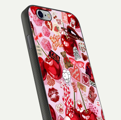 Sweet Cherry Chaos Glass Case for iPhone 16 Pro close-up angled shot highlighting red tone contrast and reflection