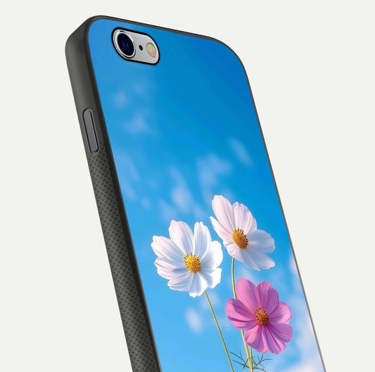 Triple Flowers With Sky Glass Case for iPhone 16 Pro close-up angled shot highlighting petal and reflection details