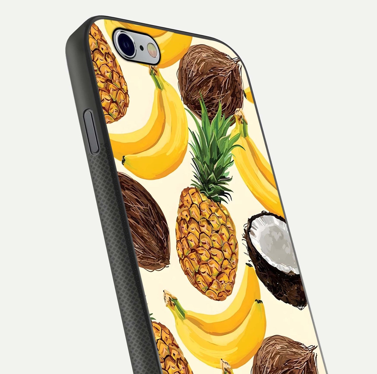 Tropical Fruit Mood Glass Case for iPhone 16 Pro close-up angled shot highlighting fruit texture and reflection