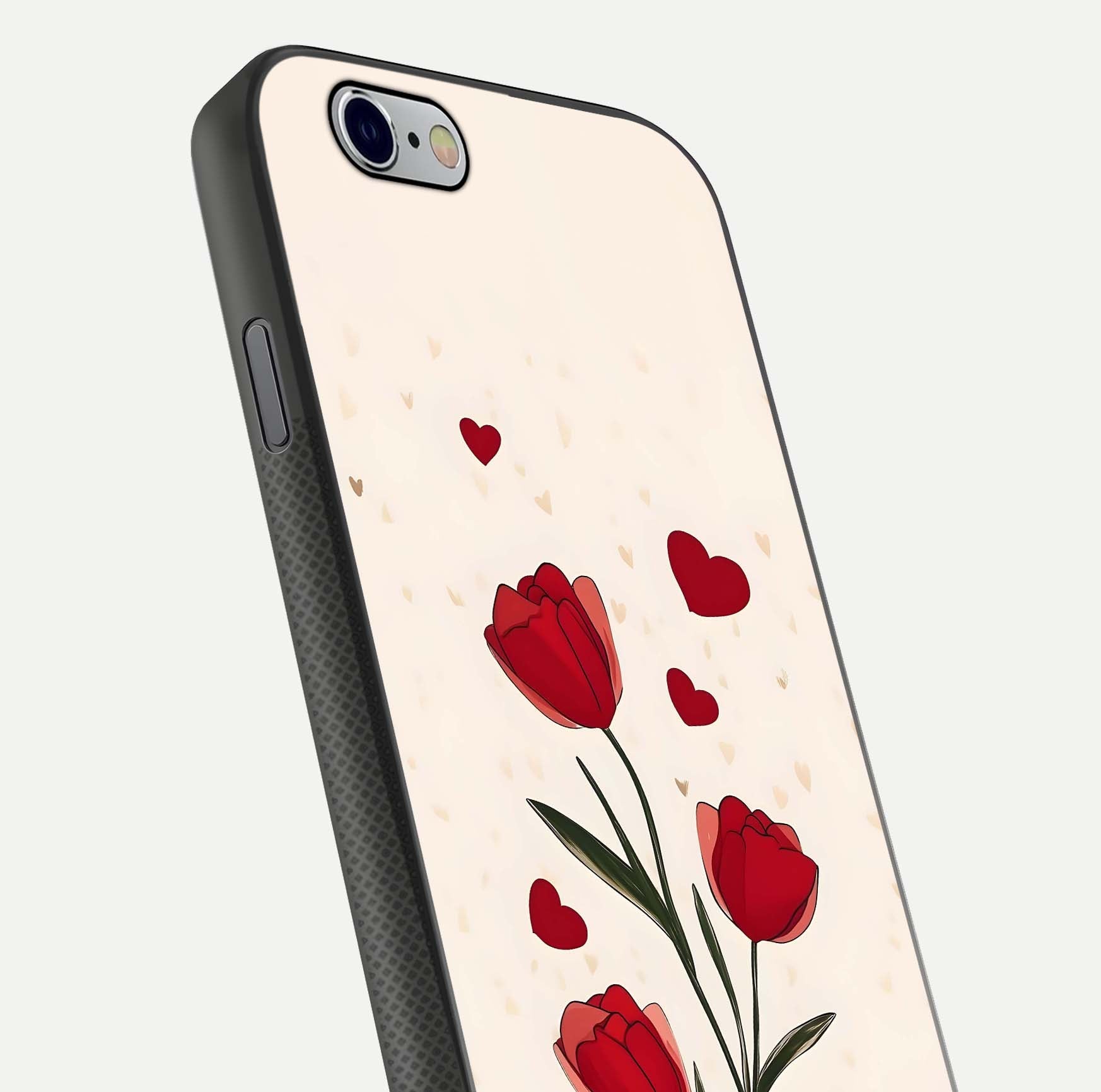 Tulip With Heart Glass Case for iPhone 16 Pro close-up angled shot highlighting petal details and reflection