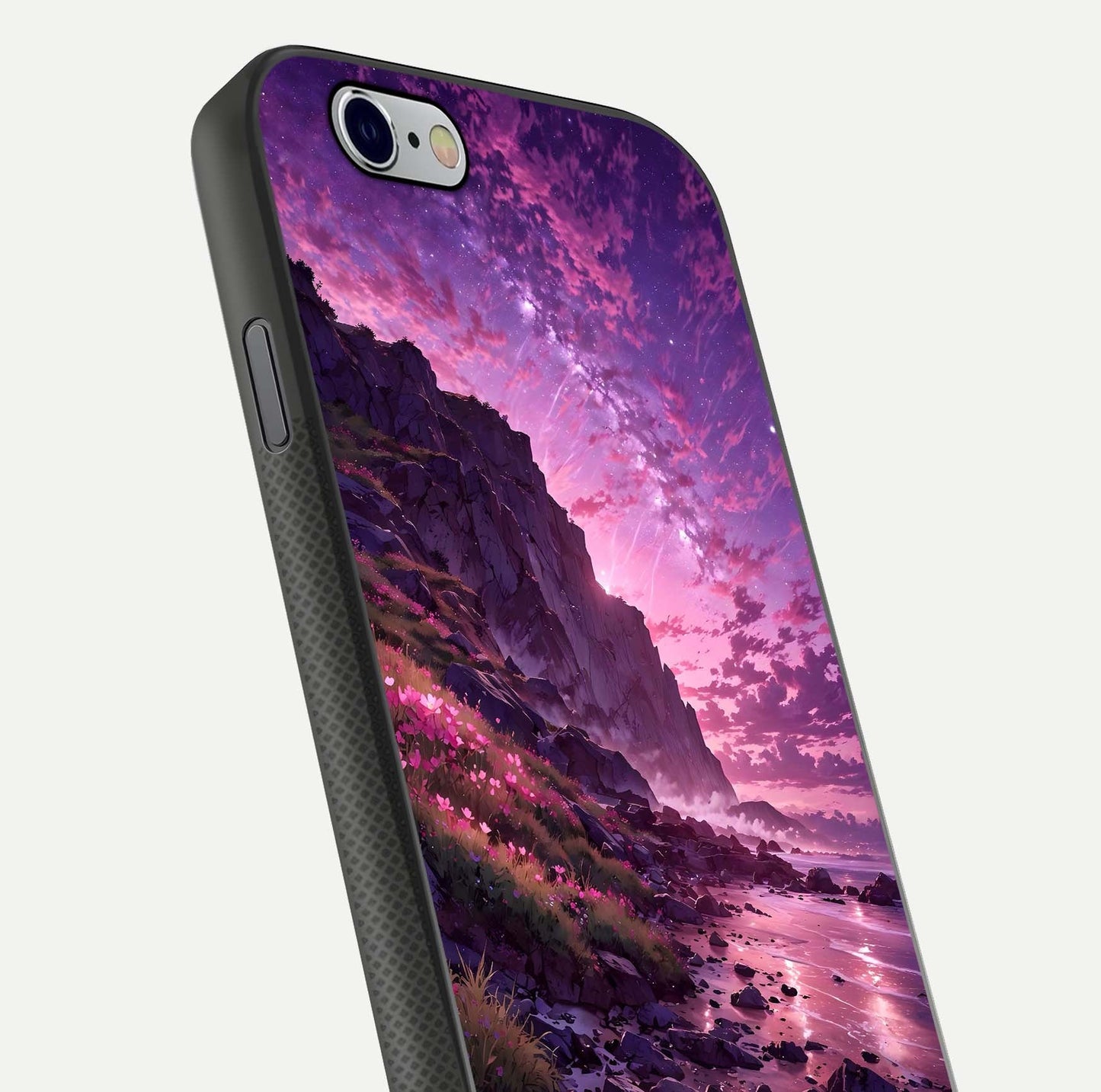 Twilight Blossom Coast Glass Case for iPhone 16 Pro close-up angled shot highlighting gradient sky and reflection