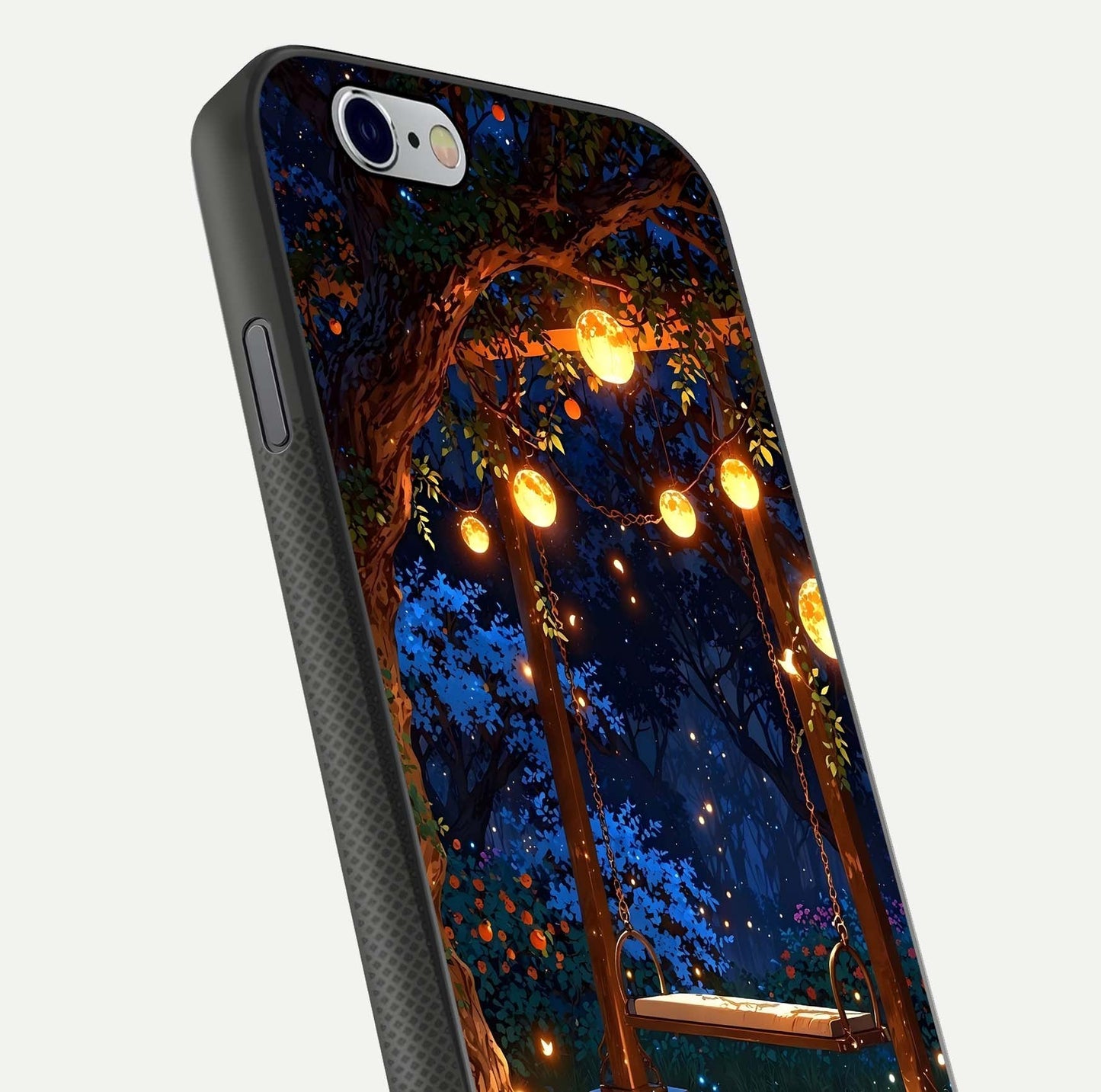 Twilight Garden Swing Glass Case for iPhone 16 Pro close-up angled shot highlighting floral tones and reflection