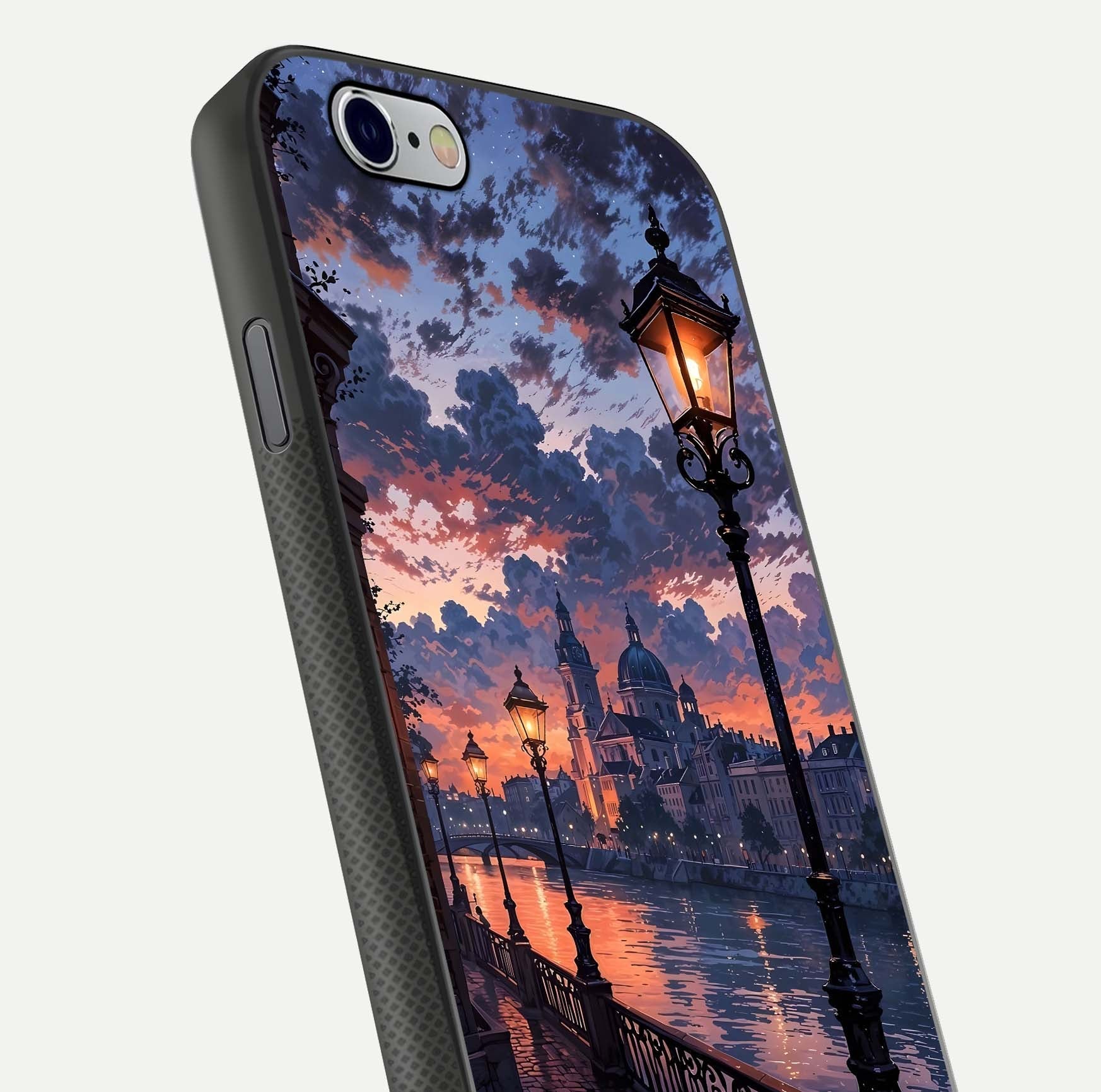 Twilight River Lights Glass Case for iPhone 16 Pro close-up angled shot highlighting river reflections and color tones