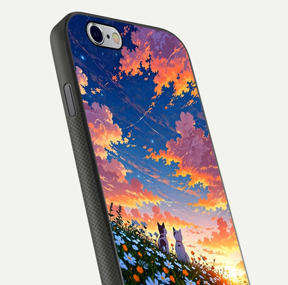 Two Cats Friends Glass Case for iPhone 16 Pro close-up angled shot highlighting cat illustrations and soft reflection