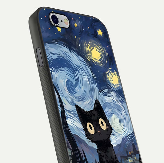 Van Gogh Cat Glass Case for iPhone 16 Pro close-up angled shot highlighting brushstroke texture and reflection